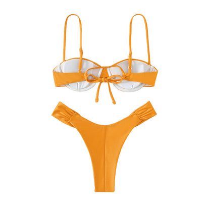 Women Padded Bikini Set Solid Color Pleated Sleeveless Bra+ Shorts Briefs Bikini For Women