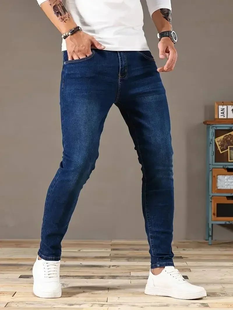 Calça Jeans Masculina Skinny Stretch Cores Sólidas Preto Azul Primavera Luxo Rua Harajuku Hip-Hop Calças Justas Marca