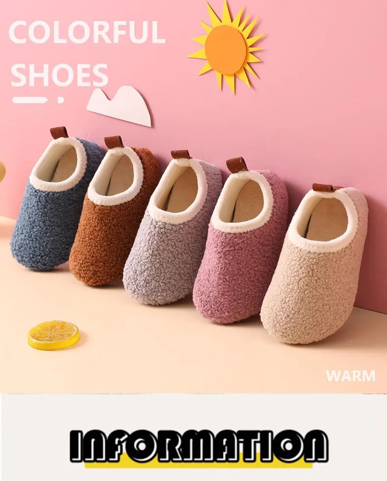 Children Cotton Slippers Solid Warm Kids Winter Home Shoes Boys Girls Plush Floor Shoes Indoor Soft Sole Anti-slip Cotton Shoes