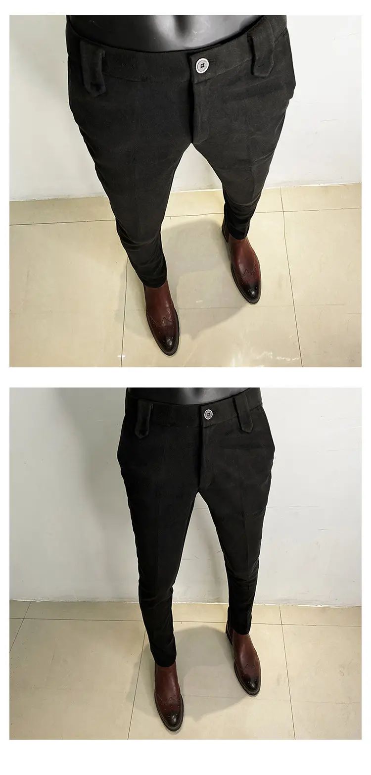 Calça Social Masculina Outono Inverno Engrossada Casual Slim Fit Reta Formal Negócios Lã Tecido Calça Social Escritório