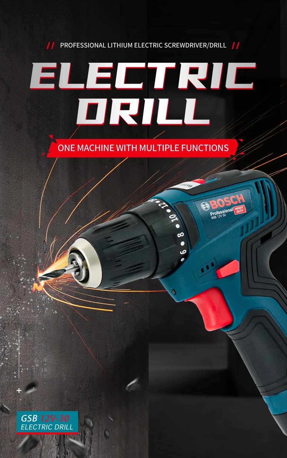 Furadeira de Impacto a Bateria Bosch GSB-12-V30 Parafusadeira Elétrica Profissional Pesada Sem Fio Chave de Fenda Elétrica Multifuncional Doméstica