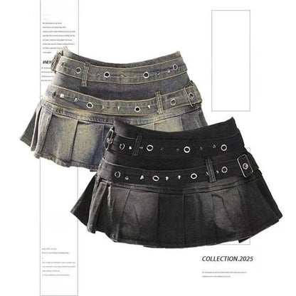 Women's Blue Black Riveted Belt Denim Skirt Y2K Harajuku High Street Fashion 90s Sexy A-line Mini Skirt Summer Clothing 2025 New