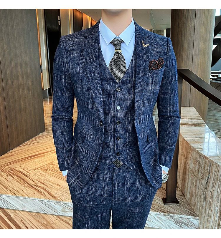 Dark Blue Men's Suit Three Piece, Business Casual Jacket and Vest with Trousers, Gray Dark Brown Slim Fit Sets, Asian Size