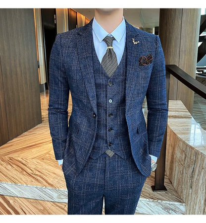 Dark Blue Men's Suit Three Piece, Business Casual Jacket and Vest with Trousers, Gray Dark Brown Slim Fit Sets, Asian Size