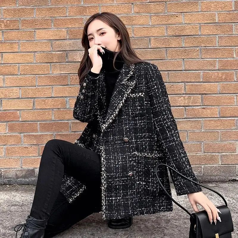 Thickened Cotton Tweed Coat for Women Spring Loose Plaid Outerwear Cozy Style Large Size Patchwork Small Suiting