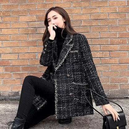 Thickened Cotton Tweed Coat for Women Spring Loose Plaid Outerwear Cozy Style Large Size Patchwork Small Suiting