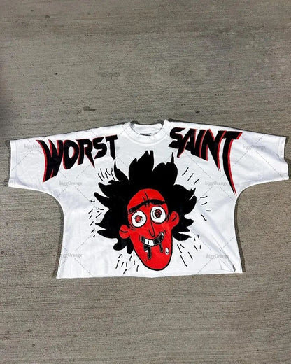 American Hip-hop Anime Print Oversized T-shirt Men Retro Trendy Streetwear Top Pure Cotton Round Neck Casual Loose Short Sleeves