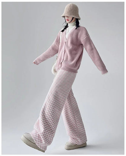 High Waist Wide Leg Pants Women's Autumn Winter New Style Lazy Casual Fleece Woolen Plaid Trousers Fashionable Comfortable