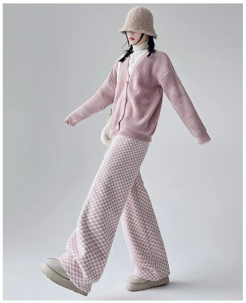 High Waist Wide Leg Pants Women's Autumn Winter New Style Lazy Casual Fleece Woolen Plaid Trousers Fashionable Comfortable