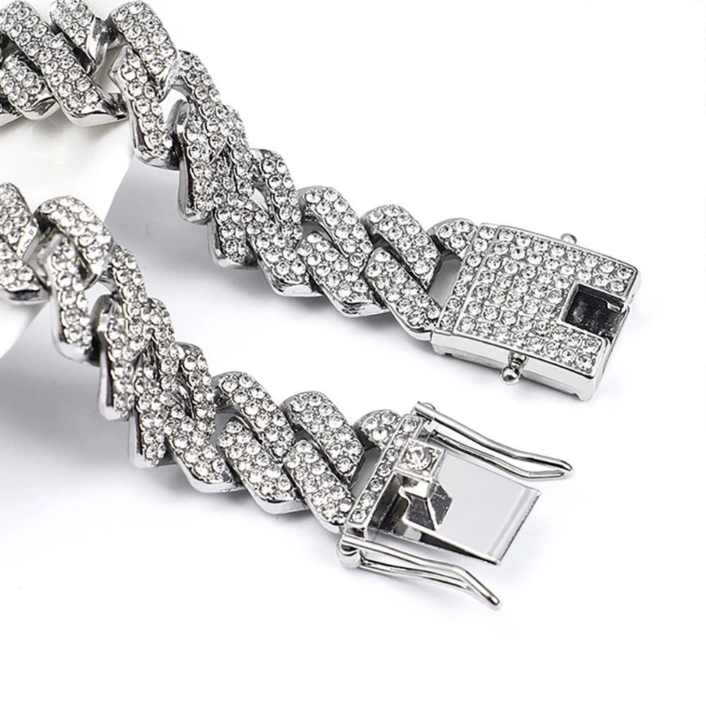 Moda Hip Hop Quadrado 14MM Corrente Cubana Colar Masculino Cor Dourada Feminino Strass Cravejado Corrente Cubana Joias Punk Presente