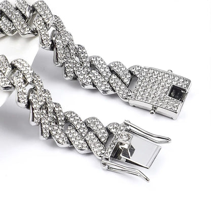 Moda Hip Hop Quadrado 14MM Corrente Cubana Colar Masculino Cor Dourada Feminino Strass Cravejado Corrente Cubana Joias Punk Presente