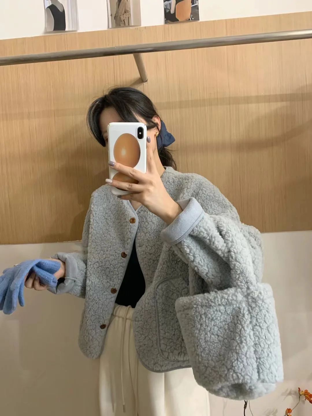 Korean Chic round Neck Single Button Loose Lamb Fur Jacket Winter Elegant Fashion Small Size with Bag Matching Women's Coat