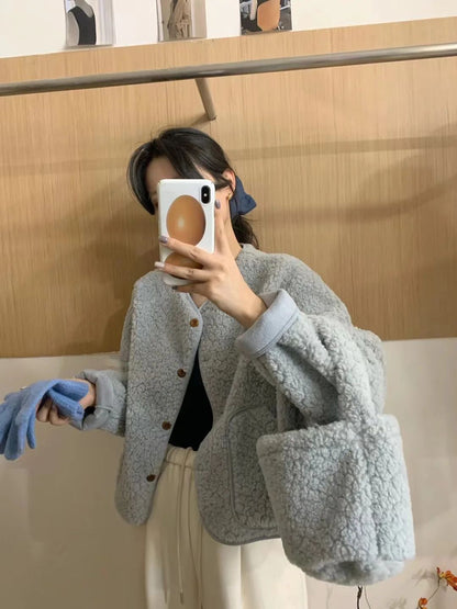 Korean Chic round Neck Single Button Loose Lamb Fur Jacket Winter Elegant Fashion Small Size with Bag Matching Women's Coat