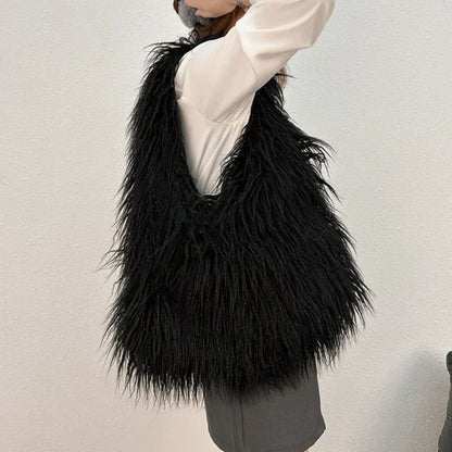 2025 NOVAS Bolsas de Ombro Pelúcia Lã Femininas Y2k Hot Girls Bolsa Saco com Cordão de Pele Sintética Moda Feminina Bolsas de Mão Peludas Tote