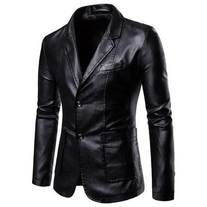 Spring Autumn New Men's Trendy Lapel Leather Dress Suit Coat Slim Fit Windproof Jacket Male Business Casual Pu Blazers Jacket