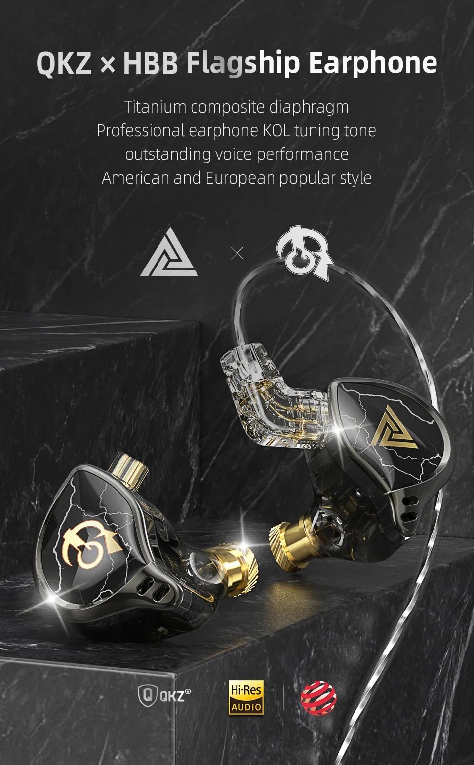 QKZ X HBB Best HiFi In Ear Wired Earphones 10mm Titanium-Coated Diaphragm Semi-open Cavity CNC Aluminum Alloy Monitor Headphone