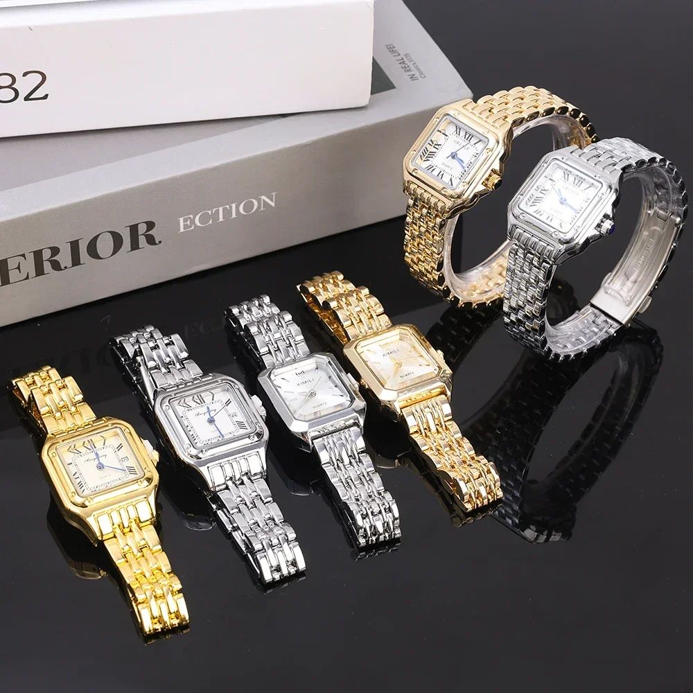 Women New Fashion Square Watches Gold Stainless Steel Strap Luxury Ladies Quartz Wristwatches Qualities Female Roman Clock Gift