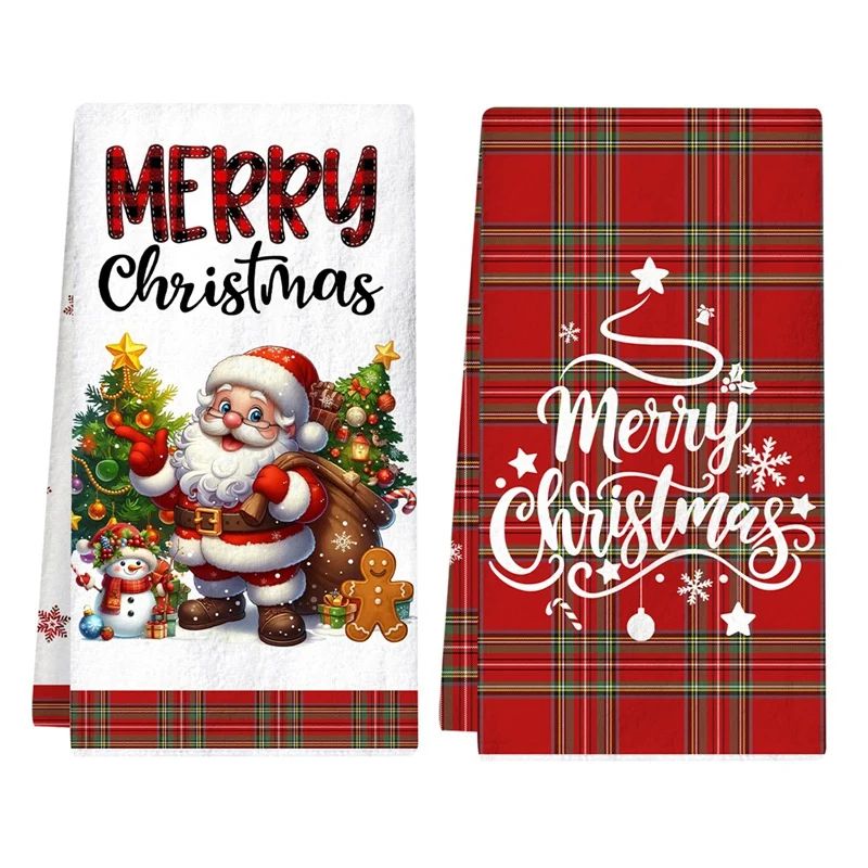 2pcs Christmas Kitchen Towels Buffalo Plaid Xmas Hand Towels Christmas Decorations for Home 2025 Navidad Noel Dish Towels Gifts