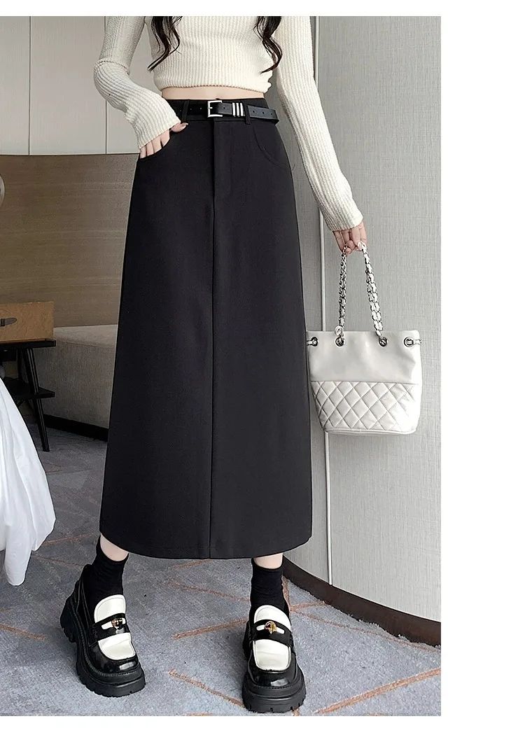 Grey High-waisted A- line Skirt Half Dress Petite Long Dress Autumn/winter For Women Side Slit Workwear