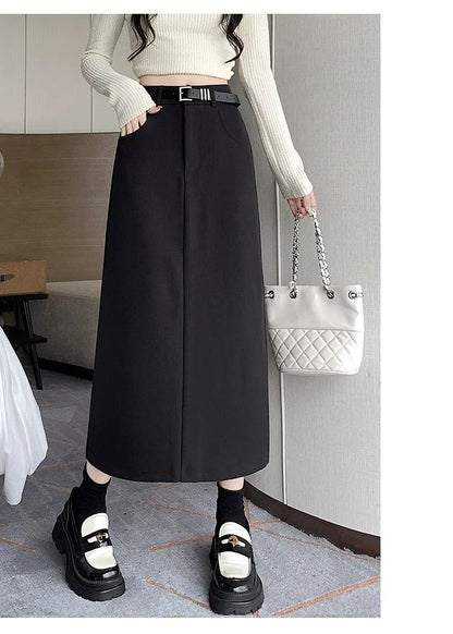 Grey High-waisted A- line Skirt Half Dress Petite Long Dress Autumn/winter For Women Side Slit Workwear