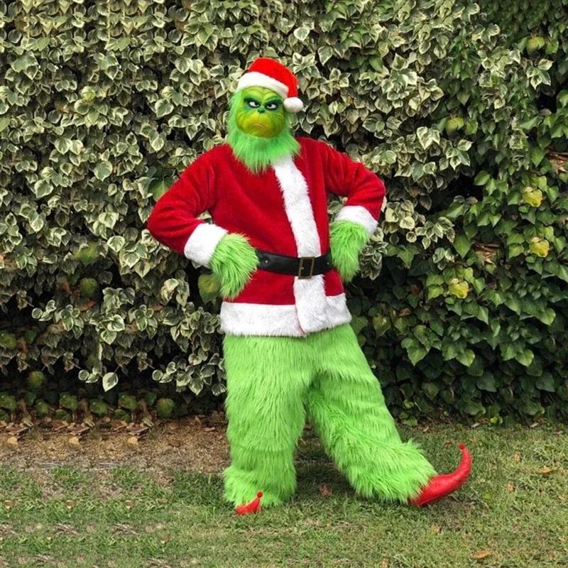 Santa Claus Costume Set Christmas Party Prom Adult Role Playing Green Monster Shaggy Halloween Cosplay Suit Gloves Mask