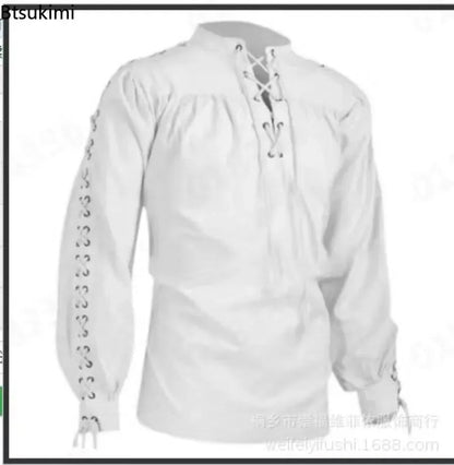 Men Medieval Shirts Drawstring Viking Vintage Sleeve Tunic Cosplay Tops Knight Costume Ruffle Pirate Gothic Neckline Male Shirts
