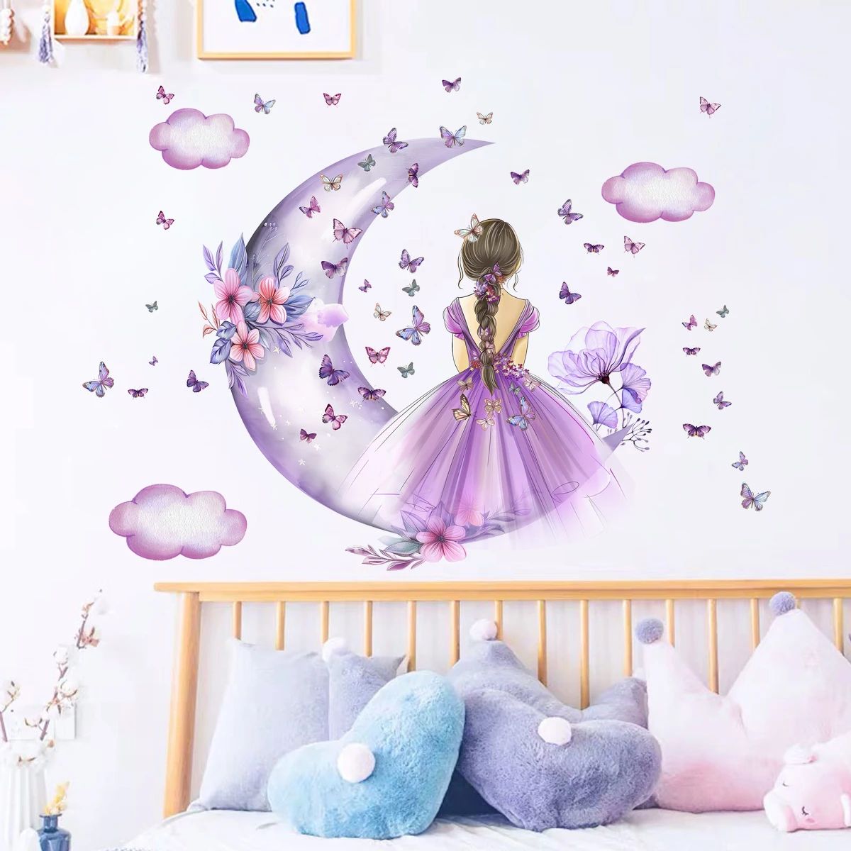 Girl Moon Butterflies Wall Stickers Kid Girls Room Bedroom Decoration Baby Nursery Home Decor Accessories Living Room Wall Decal