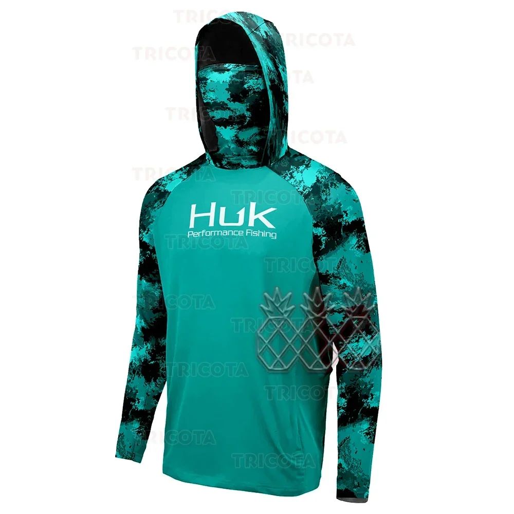 Camisetas de Pesca HUK UPF 50+ Manga Longa com Capuz e Proteção Facial Secagem Rápida Moletom Respirável Proteção UV Masculina