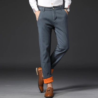 Winter Men Korean Fashion Straight Leg Pants Winter Snow Warm Thermal Thicken Casual Pants New Fleece Slim Fit Business Trousers