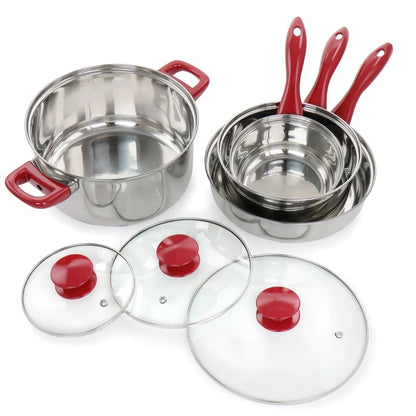7 Piece Stainless Steel Cookware Set Durable Dishwasher Safe Kitchen Pots Pans Chrome Red Handles Essential Cookware