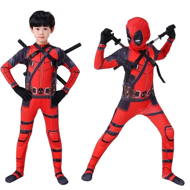 Adult Kids Deadpool Cosplay Costume Bodysuit Outfits Superhero Jumpsuit Boys Movie Character Dress Up Mask Costumes With Swords