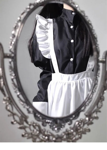 Japanese Style Maid Outfit Black White Long Dress Lolita Unisex Men Women Halloween Costume Uniform Full Set Adults Plus Size