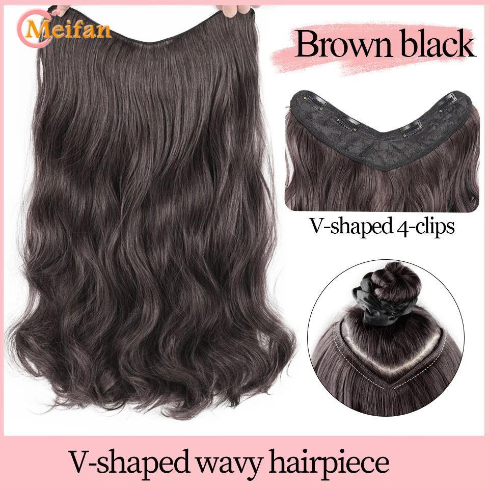 ?Extensões com Presilha em V Cabelo Sintético Ondulado com 4 Presilhas Castanho Preto Extensões de Uma Peça para Mulheres Uso Diário
