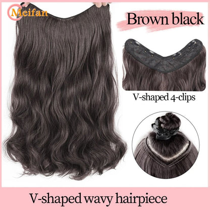 ?Extensões com Presilha em V Cabelo Sintético Ondulado com 4 Presilhas Castanho Preto Extensões de Uma Peça para Mulheres Uso Diário