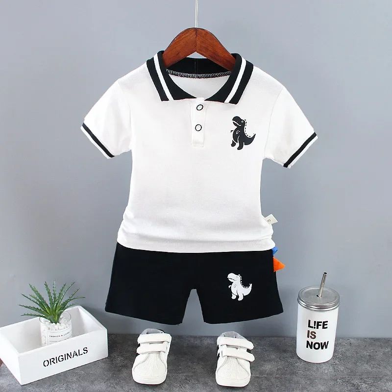 Conjuntos de Roupa Infantil de Verão para Meninos, Estampa de Dinossauro, Camisas Polo de Manga Curta + Shorts, 2 Peças/Conjunto, Roupas de Bebê