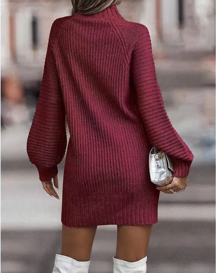 High Neck Long Sleeve Women's Knitted Dress Sweater Autumn Winter New Style Cross-Border Fashion Elegant Classy Female Garment
