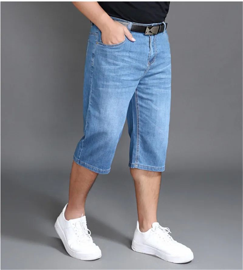 Summer Shorts Calf Length Trousers Plus Size 48 42 Men Denim Elastic Stretched Thin Jean Oversized Classic Straight Streetwear