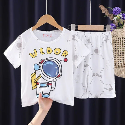 Children's Anime Doraemon Pajamas Set  for Kids Sleepwear Baby Short-sleeve Big Girls and Boys Home Thin Clothes Set Summer