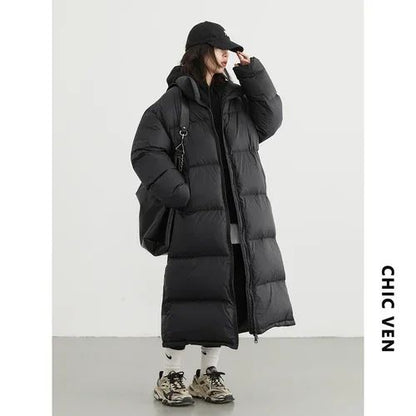 CHIC VEN Women Down Coats New Long Thick Warm Down Jackets Overcoat White Duck Down Loose Casual Jacket Autumn Winter 2023