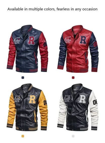 Men's American Baseball Collar Pilot Casual PU Spring and Autumn Leather Jacket Motorcycle Suit Leather Jacket Color Blocking