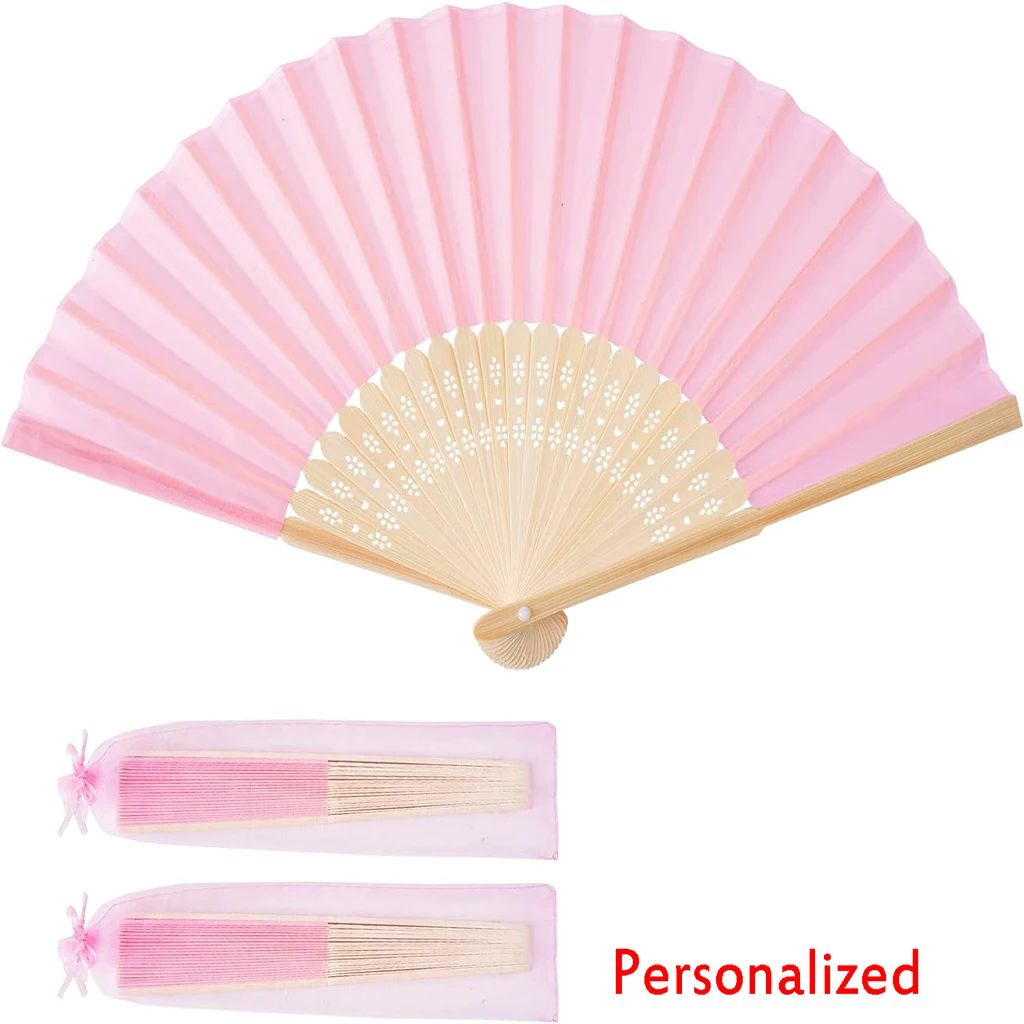 10-60Pcs Personalized Engraved Multicolor Folding Silk Hand Fan with Organza Gift Bag Wedding Party Supplies Bulk Purchase Boda