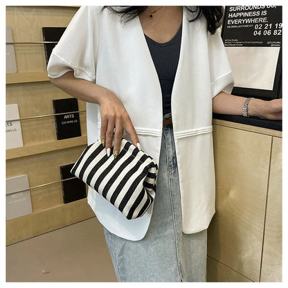 Summer Woven Crochet Striped Women's Handbag Large Capacity Knitted Beach Evening Bag Casual Ladies Colorblock Niche Cloud Bag