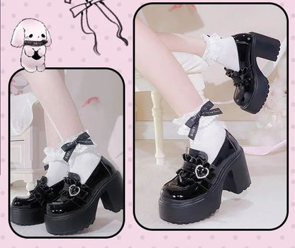 2025 Summer Sweet Bow Mary Janes: Women's Lolita Thick-soled Shoes, Block Heel, High Heel, Sweet-cool Style Leather Shoes