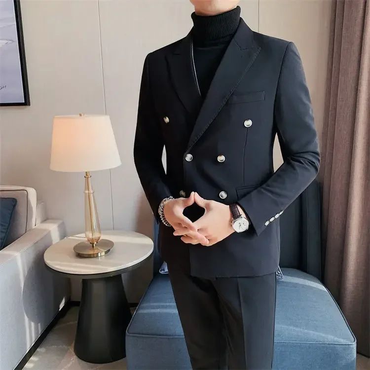 Jacket for Men Dress Jackets Coats Double Breasted Black Business Man Suits and Blazers Simple New in Korean Style Clothes 2025