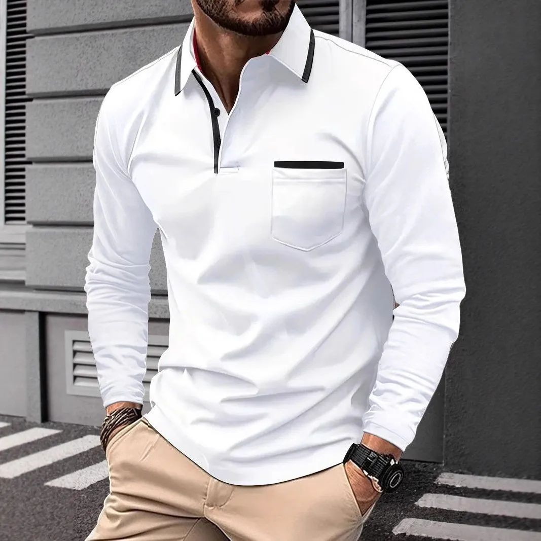 Autumn men's casual long sleeved polo shirt with pockets, fashionable street trend, regular solid color elastic breathable