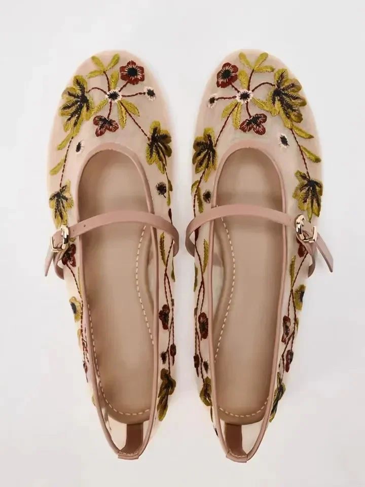 New Mesh Breathable Ballet Flats Women Luxury Designer Embroidered Flower Mary Jane Shoes Light Comfort Low Heeled Summer Flats