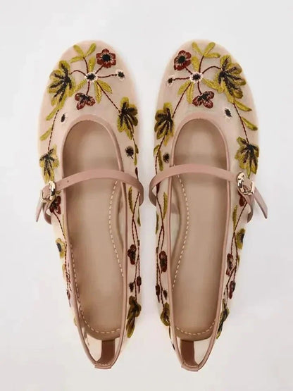 New Mesh Breathable Ballet Flats Women Luxury Designer Embroidered Flower Mary Jane Shoes Light Comfort Low Heeled Summer Flats