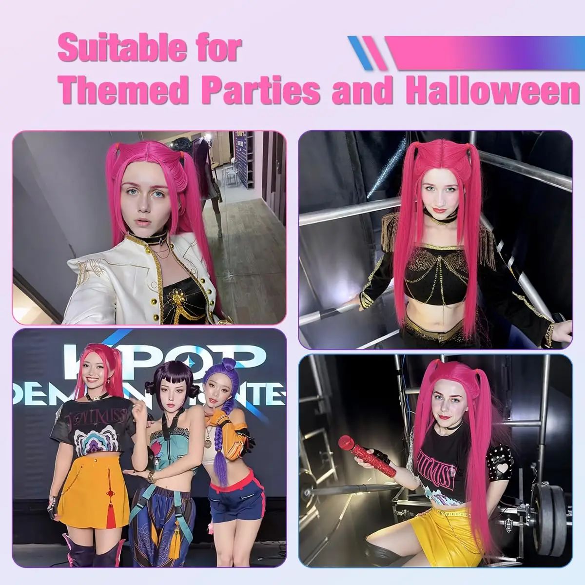 Girl group role-playing synthetic wig, purple split braid wig, rose red long straight hair with bun, romantic party photo