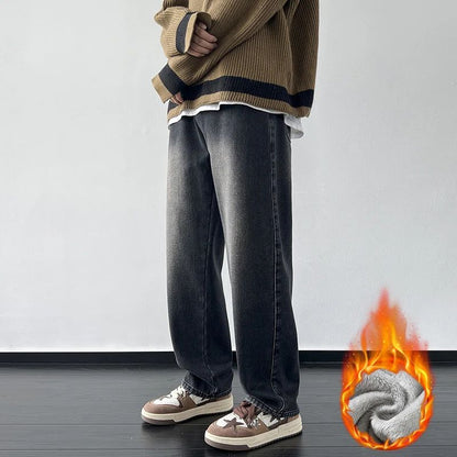 4 Colors Winter Fleece Men's Jeans Baggy Straight Elastic Waist Denim Pants Fashion Korean Thickened Warm Male Thermal Trousers