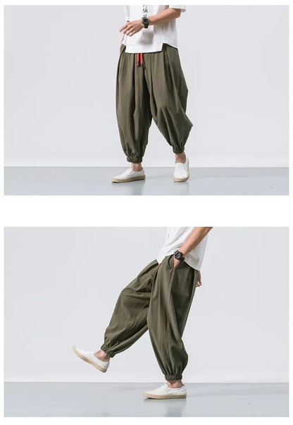 New Trendy Men Harem Pants Loose Oversized Style Cotton and Linen High Quality Jogger Sweatpants Casual Male Trousers